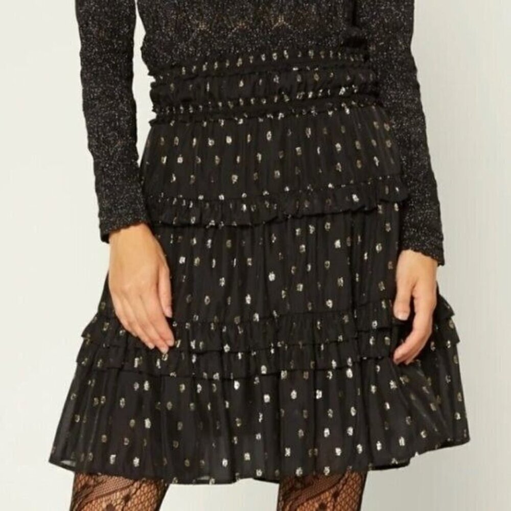 NWT Current Air Black Mini Skirt Gold Metallic Dot Ruffled Size XS
